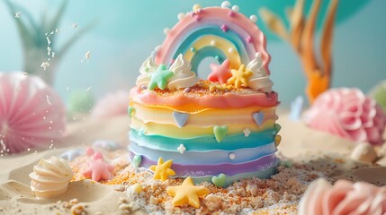 Wall Mural - A whimsically decorated rainbow cake set on a sandy surface