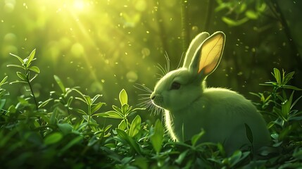 Wall Mural - A white rabbit sits in a sea of green lit by gentle sunlight