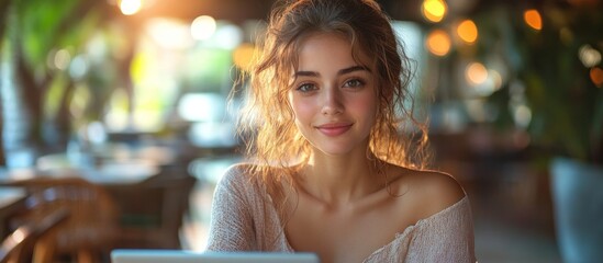 A woman with long hair is sitting at a table with a laptop