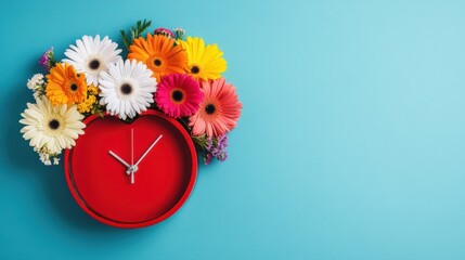 Poster - A clock with a heart shaped face and colorful flowers on it, AI