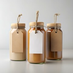 Canvas Print - Three glass jars with wooden lids and string tied tags. perfect for showcasing your products.