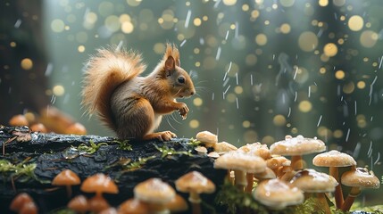 Wall Mural - A young squirrel climbing a little route in a wet nature full of fungus in a backpack