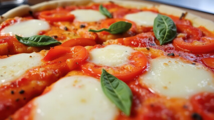 Canvas Print - Close Up of Pizza with Tomato, Basil and Mozzarella