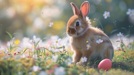 Wall Mural - Adorable bunny with lone egg happy day concept and idea