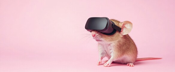 Sticker - Mouse Wearing Virtual Reality Headset on Pink Background