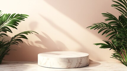 Wall Mural - Marble Platform with Palm Leaves and Sunlight on a Beige Wall