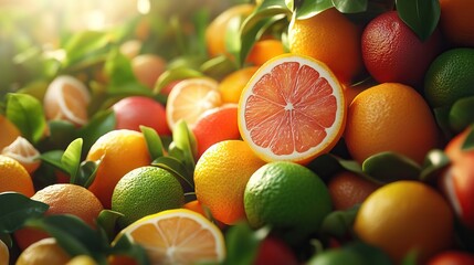 Close-up of a vibrant array of fresh citrus fruits, featuring oranges, limes, and lemons, showcasing their colors and textures.