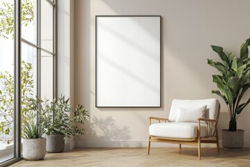 Poster Frame in Beige minimalist living room interior created with generative AI