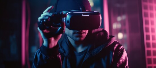 Wall Mural - Young Man Wearing VR Headset and Holding Controller