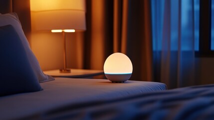 Sticker - Illuminated Bedside Table with a White Lamp and a Bed with Pillows