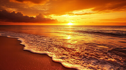 A vibrant sunset casting a golden glow over a tranquil sea, with waves gently rolling towards the shore.