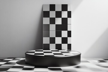 Wall Mural - Black and White Checkerboard Platform with Wall Background