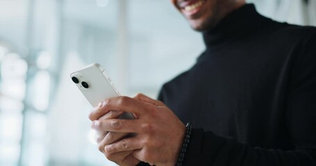 Poster - Business, man and hands with phone for typing text message, funny email notification or mobile chat in office. Professional, happy employee or smartphone for communication, social media or networking