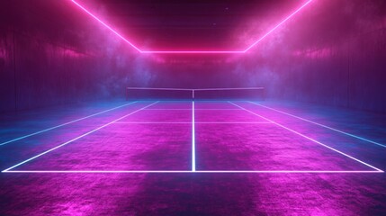 Canvas Print - Neon tennis court scheme rotating playground virtual plan spinning sport game perspective pink blue glowing lines on black background looping animation continuous sequence