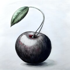 Wall Mural - A hand drawn pencil illustration of a single black cherry with a green leaf.