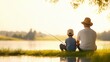 © Preeyanuch - A serene scene of a grandfather and grandson fishing by a peaceful lake at sunset, creating cherished memories together.