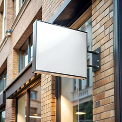 Blank white storefront sign mounted on a brick building.