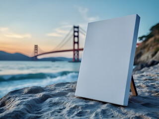 Bridge Blank Canvas On The Sandy Beach Ocean Waves Clouds Sand Sign 