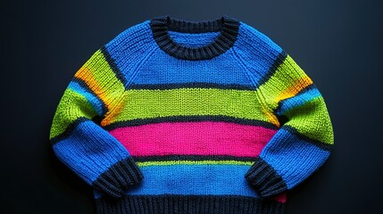 Vibrant Neon Stripes Knit Sweater Poster: Energize Your Space with Electric Blue, Hot Pink, and Lime Green Design on Charcoal Grey - Perfect for Sports and Active Lifestyle Decor!