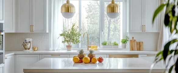 Sticker - Modern White Kitchen Island with Fruit and Window View