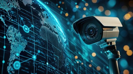 High-tech surveillance camera with digital network background, representing security and monitoring in a connected world.