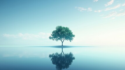 A serene landscape with a single tree with reflection in water, symbolizing growth and recovery from PTSD.