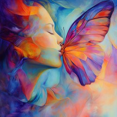 A vibrant, artistic depiction of a woman and a butterfly in harmony.