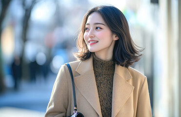 Sticker - A beautiful Japanese woman in her early to mid-20s with medium-length hair, wearing an elegant beige blazer and skirt