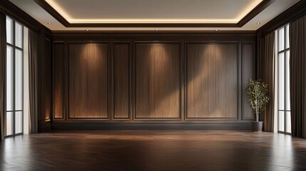 Wall Mural - Modern classic brown empty interior with wooden wall panels and flooring. 3D rendering