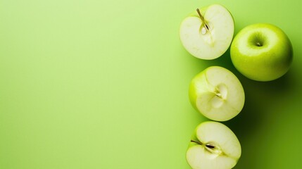 Green apples on the right side of a solid lime green background, top view