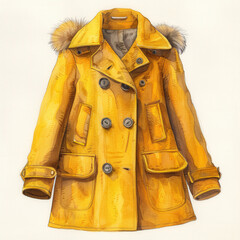 A hand-drawn illustration of a yellow winter coat with a fur-trimmed hood, featuring a double-breasted closure and two large patch pockets