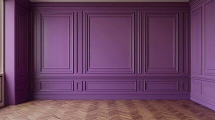 Wall Mural - Modern classic purple empty interior with wall panels and wood flooring. 3D rendering.