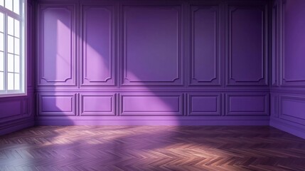 Wall Mural - Modern classic purple empty interior with wall panels and wood flooring. 3D rendering.