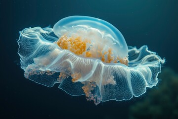 Wall Mural - A Delicate White and Yellow Jellyfish Floating in Blue Water