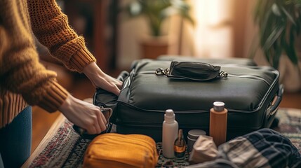 A person packing a suitcase for a new adventure, with travel essentials neatly arranged beside it, closeup shot, warm tones, indoor setting, travel theme