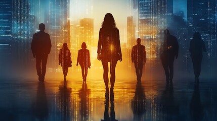 A double exposure of businesspeople standing in a futuristic setting, combined with layers of binary code, representing the digital transformation of global business, hd quality, dynamic shadows,