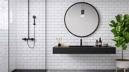 Canvas Print - SIMPLE BATHROOM WITH SHOWER AND ROUND MIRROR