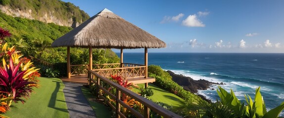 Wall Mural -  The thatched-roof gazebo situated on a lush, green hillside overlooking the ocean.