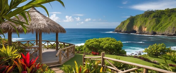 Canvas Print -  The thatched-roof gazebo situated on a lush, green hillside overlooking the ocean.