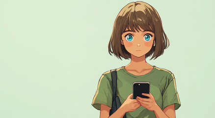 Canvas Print - A cute girl with short hair holding her phone, looking at the screen in front of her