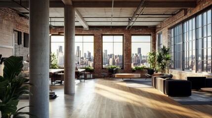 Wall Mural - Contemporary warehouse office interior with window and city view, furniture, wooden flooring and columns. 3D Rendering