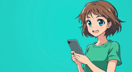 Poster - A cute girl with short hair holding her phone, looking at the screen in front of her