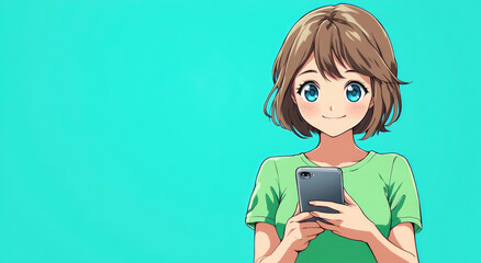 Canvas Print - A cute girl with short hair holding her phone, looking at the screen in front of her