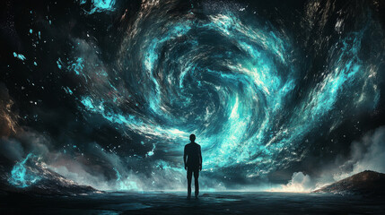 A person standing in front of an abstract, dark, swirling mass representing dark matter, symbolizing the unknown forces we will understand in the future, in a painted style with silver and neon blue