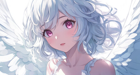 Poster - A cute girl with angel wings, light gray hair, and pink eyes, against a white background