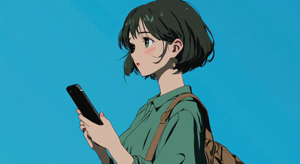 Canvas Print - A cute girl with short hair holding her phone, looking at the screen in front of her