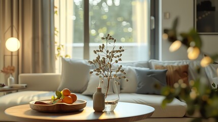 A modern living room interior featuring a stylish and comfortable sofa, sleek furnishings, and contemporary decor, captured in high-definition detail