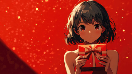 Wall Mural - anime girl with short black hair holding out present box, red background, anime aesthetic, cute and dreamy, kawaii, flat illustration