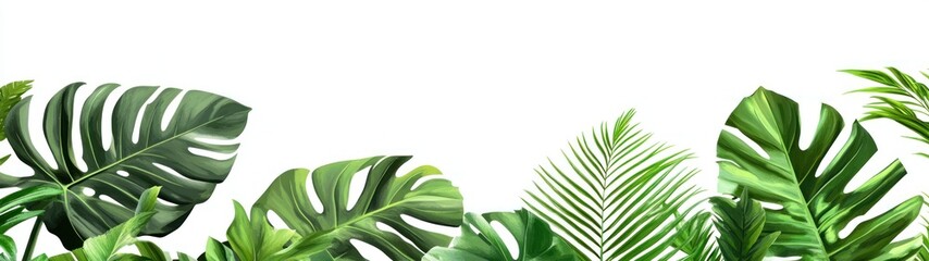 Wall Mural - Lush Green Tropical Leaves on a White Background