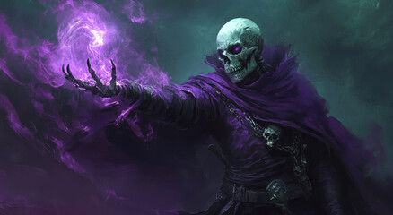 Wall Mural - A dark fantasy warlock with a skull-like face, wearing purple robes and casting a magic spell